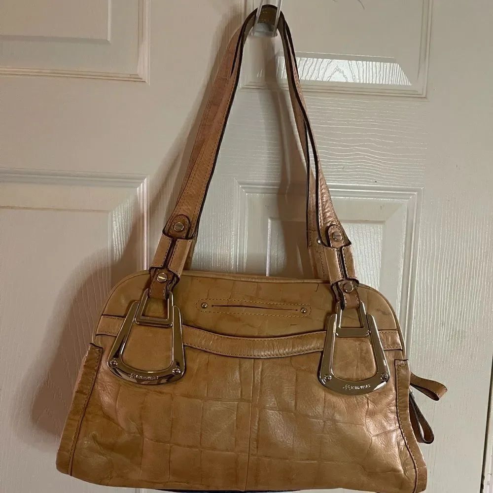 B Makowsky mustard yellow crocs prints shoulder bag with silver tone har…